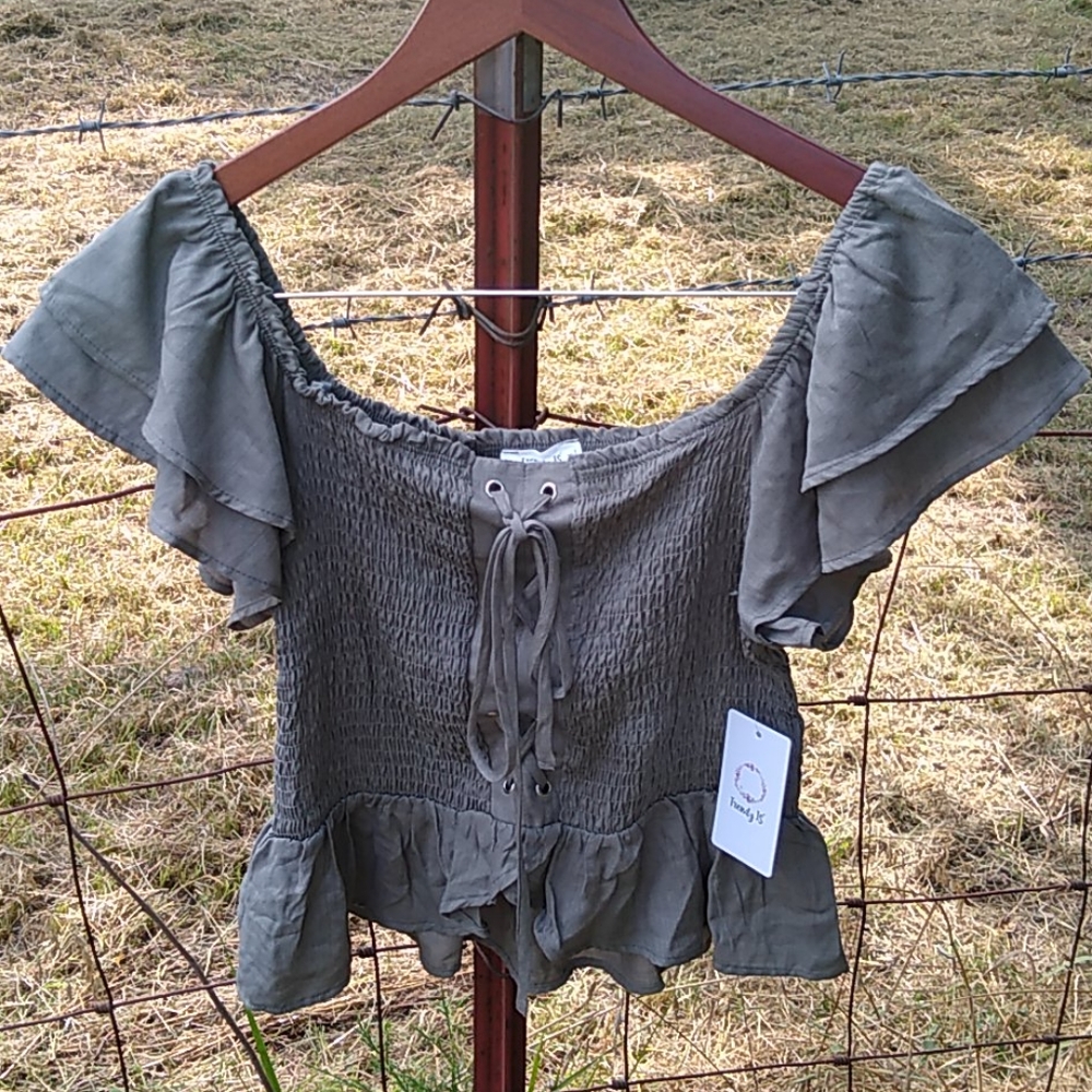 Trendy  top smocking ruffle  layer lace up…